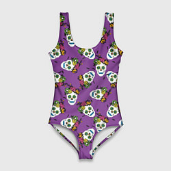 Женский купальник-боди Сахарные черепа на фиолетовом паттерн