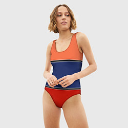 Купальник-боди 3D женский Combined pattern striped orange red blue, цвет: 3D-принт — фото 2