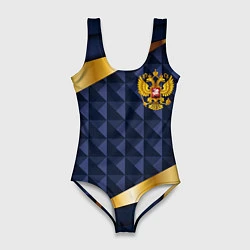Купальник-боди 3D женский Золотой герб России на объемном синим фоне, цвет: 3D-принт