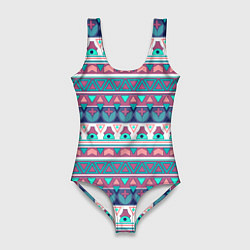 Купальник-боди 3D женский Этнический орнамент терракотово-серый полосатый, цвет: 3D-принт