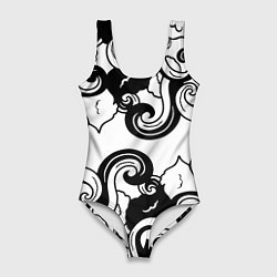 Женский купальник-боди Черные волнистые узоры на белом