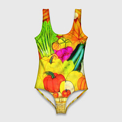Купальник-боди 3D женский Плетеная корзина, полная фруктов и овощей, цвет: 3D-принт