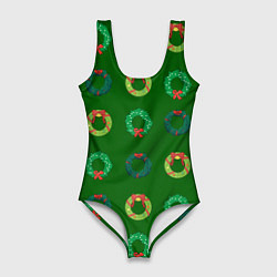 Купальник-боди 3D женский Зеленые рождественские венки омелы, цвет: 3D-принт