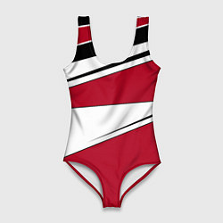 Купальник-боди 3D женский Красно черная геометрия на белом, цвет: 3D-принт