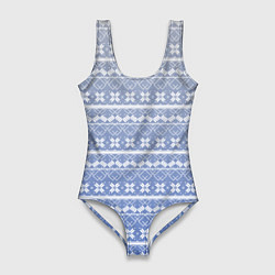 Женский купальник-боди Белый скандинавский орнамент на серо-голубом фоне