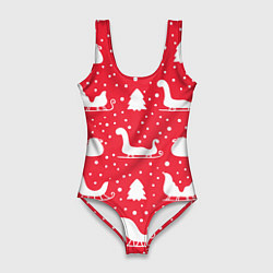 Купальник-боди 3D женский Сани, ёлочки, подарки, цвет: 3D-принт