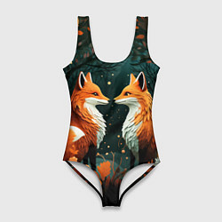 Купальник-боди 3D женский Две лисоньки в стиле Folk Art, цвет: 3D-принт