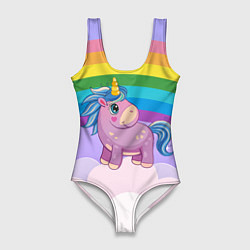 Купальник-боди 3D женский Единорог на фоне радуги, цвет: 3D-принт