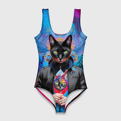 Купальник-боди 3D женский Чёрная модница кошка - нейросеть, цвет: 3D-принт