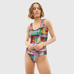 Купальник-боди 3D женский Домики из сладостей, цвет: 3D-принт — фото 2