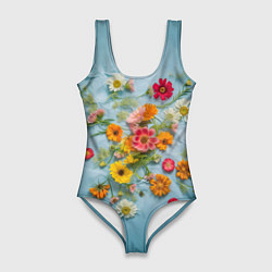 Женский купальник-боди Букет полевых цветов на ткани