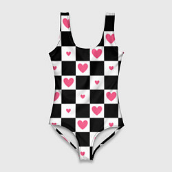 Купальник-боди 3D женский Розовые сердечки на фоне шахматной черно-белой дос, цвет: 3D-принт