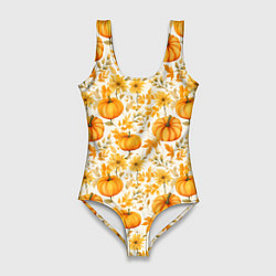 Купальник-боди 3D женский Тыквы и осенние цветы - паттерн, цвет: 3D-принт