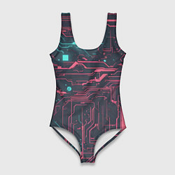 Купальник-боди 3D женский Кибер схемы Розовый и голубой, цвет: 3D-принт