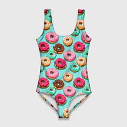 Купальник-боди 3D женский Разноцветные пончики паттерн, цвет: 3D-принт