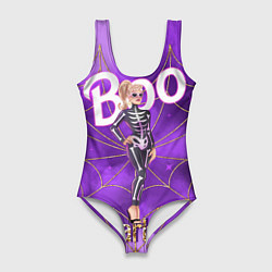 Купальник-боди 3D женский Барби в костюме скелета: паутина и фиолетовый дым, цвет: 3D-принт