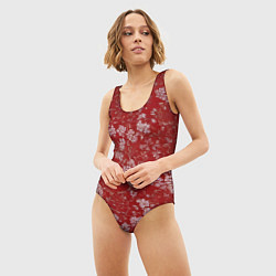 Купальник-боди 3D женский Белые лепестки на красном фоне, цвет: 3D-принт — фото 2