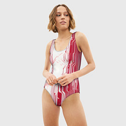 Купальник-боди 3D женский Красные линии на белом фоне киберпанк, цвет: 3D-принт — фото 2