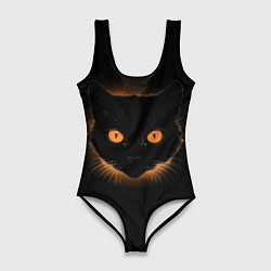 Женский купальник-боди Портрет черного кота в оранжевом свечении