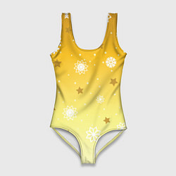 Женский купальник-боди Снежинки и звезды на желтом