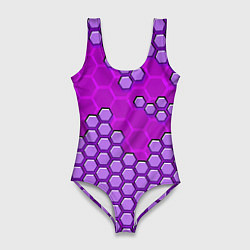 Купальник-боди 3D женский Фиолетовая энерго-броня из шестиугольников, цвет: 3D-принт