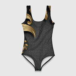 Купальник-боди 3D женский Золотые объемные листья на сером фоне, цвет: 3D-принт