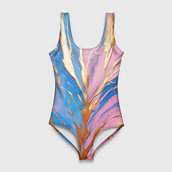 Женский купальник-боди Жидкая краска синего и розового цвета с золотой кр