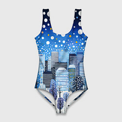 Купальник-боди 3D женский Новогодний синий ночной город, цвет: 3D-принт