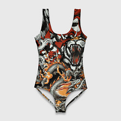 Купальник-боди 3D женский Самурай дракон и тигр, цвет: 3D-принт