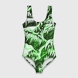 Купальник-боди 3D женский Белые клыки на зелёном фоне, цвет: 3D-принт