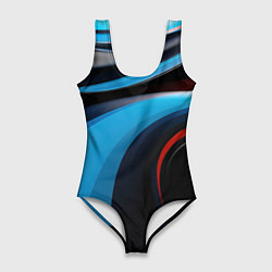 Купальник-боди 3D женский Черные и синии волны спортивный стиль, цвет: 3D-принт