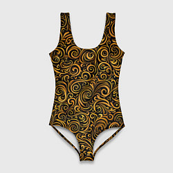 Купальник-боди 3D женский Золотые узоры завитки, цвет: 3D-принт
