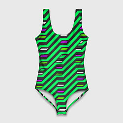 Купальник-боди 3D женский Киберпанк узор зелёный и чёрный, цвет: 3D-принт