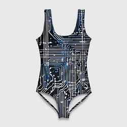 Купальник-боди 3D женский Киберпанк схемы белые и синие, цвет: 3D-принт