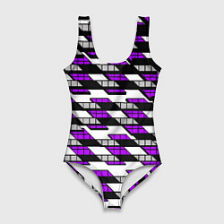 Женский купальник-боди Фиолетовые треугольники и квадраты на белом фоне