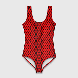Купальник-боди 3D женский Ярко-красный с чёрными линиями, цвет: 3D-принт