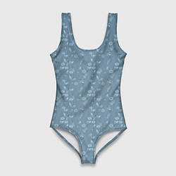Женский купальник-боди Серо-голубой цветочный однотонный узор