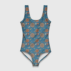 Женский купальник-боди Цветочный узор в стиле бохо на синем