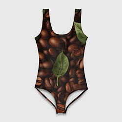 Женский купальник-боди Кофейные зёрна с листьями