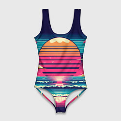 Купальник-боди 3D женский Закат на пляже vaporwave, цвет: 3D-принт