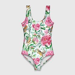 Купальник-боди 3D женский Пионы и зеленушка, цвет: 3D-принт