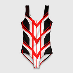 Купальник-боди 3D женский Красные полосы на чёрно-белом фоне, цвет: 3D-принт