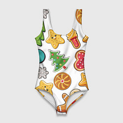 Купальник-боди 3D женский Новогодние сладости, цвет: 3D-принт