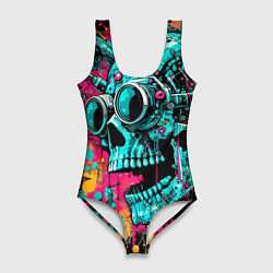Купальник-боди 3D женский Cyber skull sketch - color blots, цвет: 3D-принт