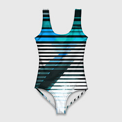 Купальник-боди 3D женский Сине-чёрные полосы на белом фоне, цвет: 3D-принт