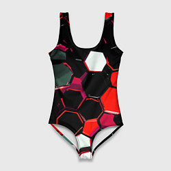 Купальник-боди 3D женский Красно-белые шестиугольники на чёрном фоне, цвет: 3D-принт