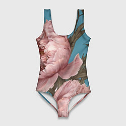 Купальник-боди 3D женский Розовые пионы на голубом, цвет: 3D-принт