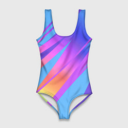 Купальник-боди 3D женский Нежный голубой с розовыми полосами, цвет: 3D-принт
