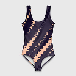 Купальник-боди 3D женский Фиолетовый с бежевым искажённые полосы, цвет: 3D-принт
