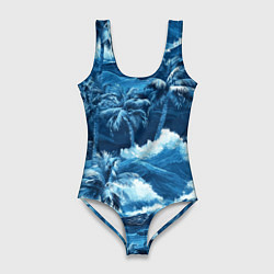 Купальник-боди 3D женский Пальмы и волны - голубые оттенки паттерн, цвет: 3D-принт